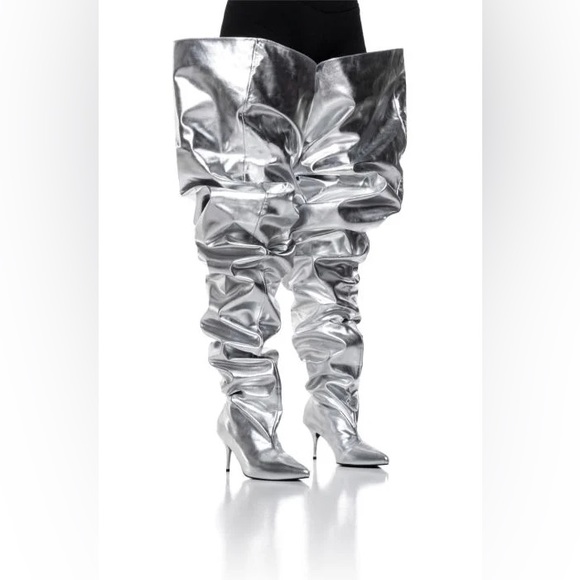 AZALEA WANG NEMY SILVER KITTEN HEEL THIGH HIGH BOOT - Picture 4 of 5
